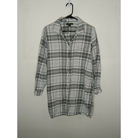 DONNA KARAN SLEEPWEAR NIGHTSHIRT Gray/White PLAID LONG SLEEVE POICKETS Med - Picture 1 of 7